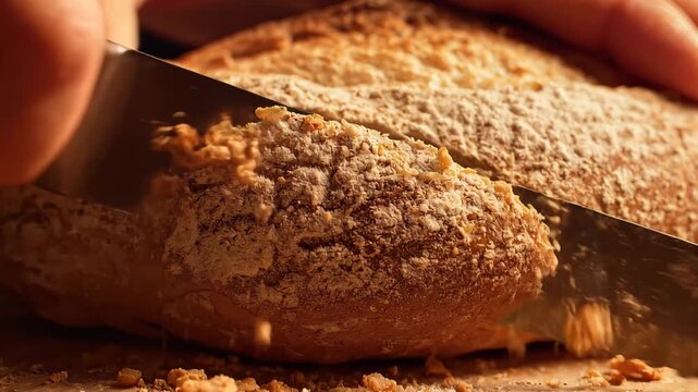 Slicing a fresh loaf of toast bread with a sharp knife on a wooden surface close-up
