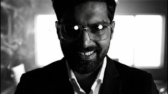 Black and White Portrait of a Dark‑Skinned Suit‑Dressed Man with Glasses in an Office, Close‑up, Professional Photo