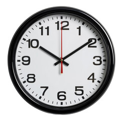Classic round black wall clock with white face, isolated on transparent background