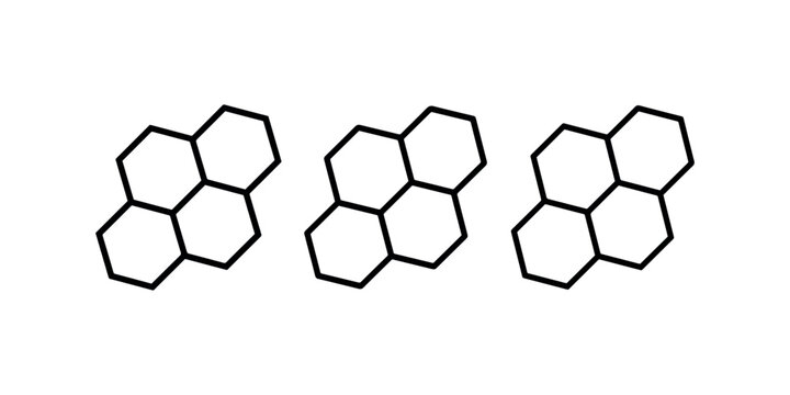 Honeycomb icon set featuring geometric hexagon pattern shapes representing nature bee hive structures in simple black line art style for biological design