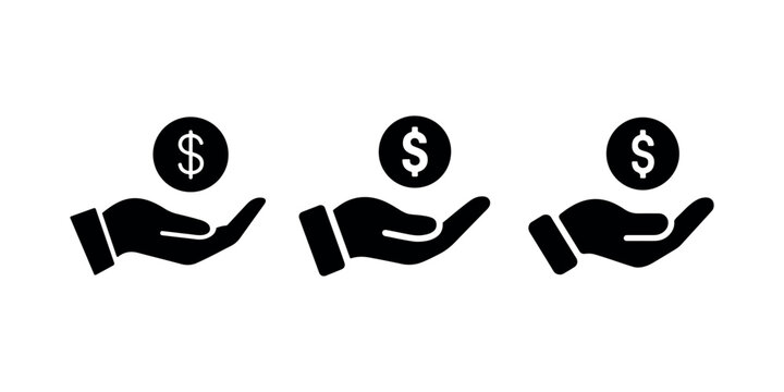 Collection of three solid icons with hand holding dollar coin representing financial support charity giving economy investment money donation