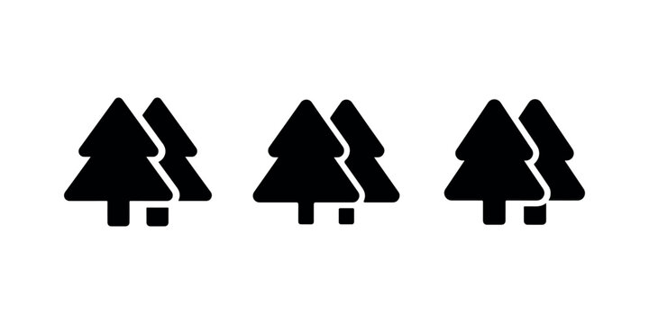 Collection of simple black silhouette pine trees in various arrangements representing a forest or nature scene clean and isolated on white
