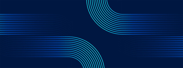 Abstract blue background with glowing curved neon lines flowing across a dark backdrop, creating a modern technology concept with dynamic motion and clean design space. © BoBloob