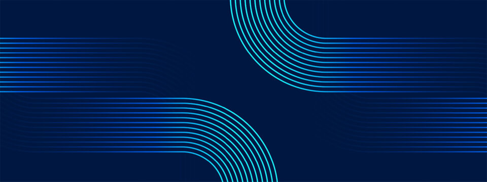 Abstract blue background with glowing curved neon lines flowing across a dark backdrop, creating a modern technology concept with dynamic motion and clean design space.