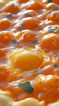 A vibrant close-up shows many sunny egg yolks in a rich orange sauce. Fresh green herbs garnish this appetizing and delicious culinary creation.