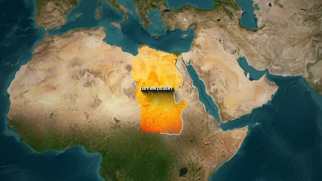 Satellite view map animation highlighting the vast Libyan desert region in North Africa