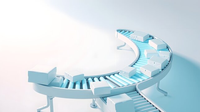 Minimalist 3D render of white packages moving on a curved roller conveyor belt system.