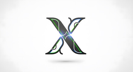 Stylized letter X with glowing blue and green neon lines on a grey background