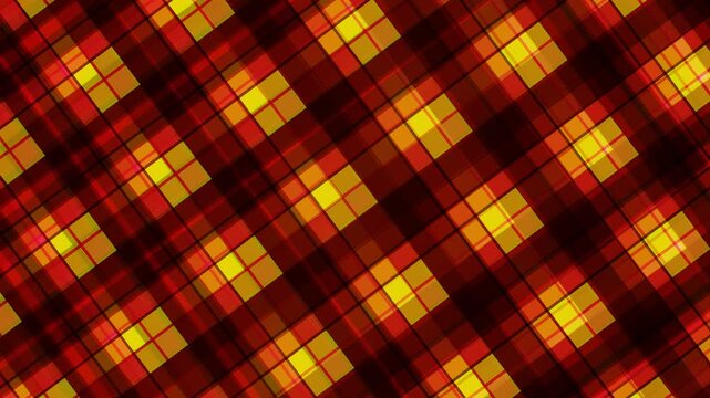 Abstract animation of diagonal plaid pattern with warm yellow, orange and red tones, creates a dynamic and modern visual for various projects and presentations.
