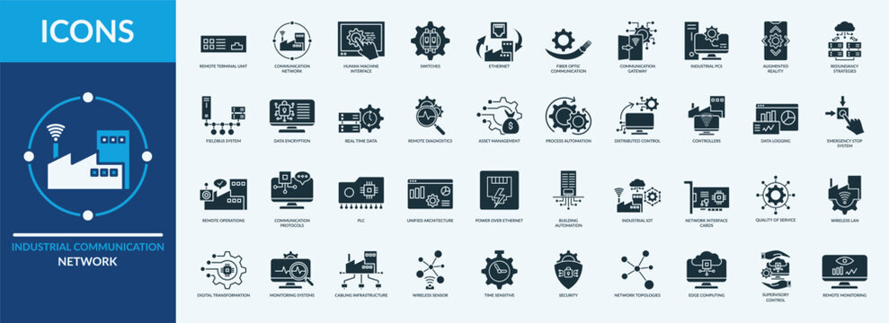 Industrial Communication Network - Icon Collection. Thin Glyph Solid Set contains such Icons as fiber optic communication, communication gateway, augmented reality and more. Simple web icons set.
