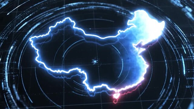 Digital map of China glowing with blue and red neon outlines on a dark