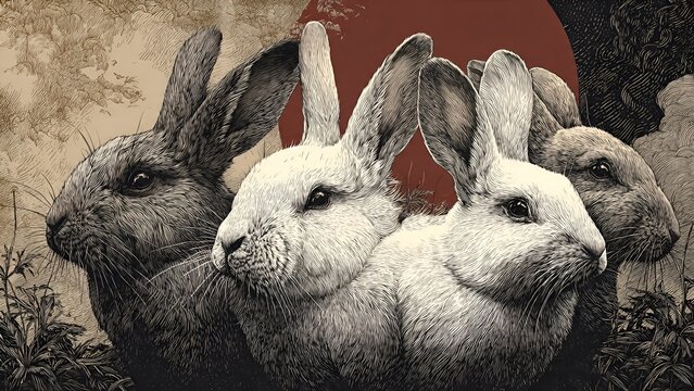 A striking ink wash illustration showcases a group of rabbits with detailed fur texture against a