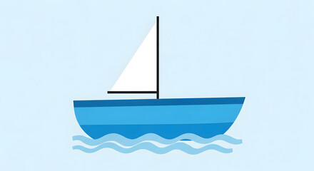A simple graphic of a blue sailboat with a white sail on light blue waves