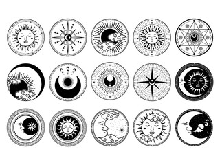 太陽と月と星の神秘的なアイコンセット　タロット・占星術・スピリチュアル