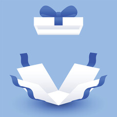 Open gift box with blue ribbon, celebration, discount and advertising poster design element