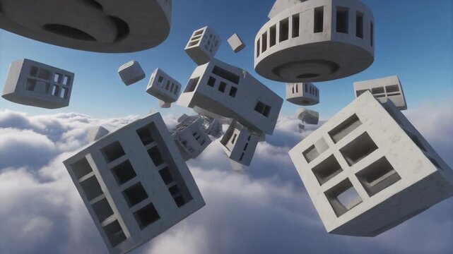 Abstract brutalist structures float amidst ethereal clouds, forming a surreal architectural dreamscape in the vast blue sky, evoking modern design and imagination.