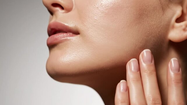 Close-up of a Young Woman&acirc;&euro;TMs Face with Clear Skin and Touching Her Jawline with Her Fingers