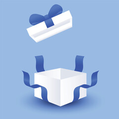Open gift box with blue ribbon, celebration, discount and advertising poster design element