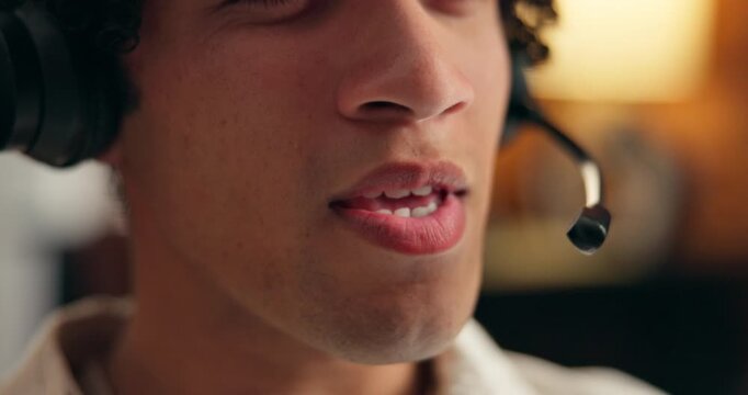 Man, mouth and consultant with headset in home for remote work, virtual assistance or online help. Closeup, male person or freelance agent talking with mic for customer service, CRM or communication