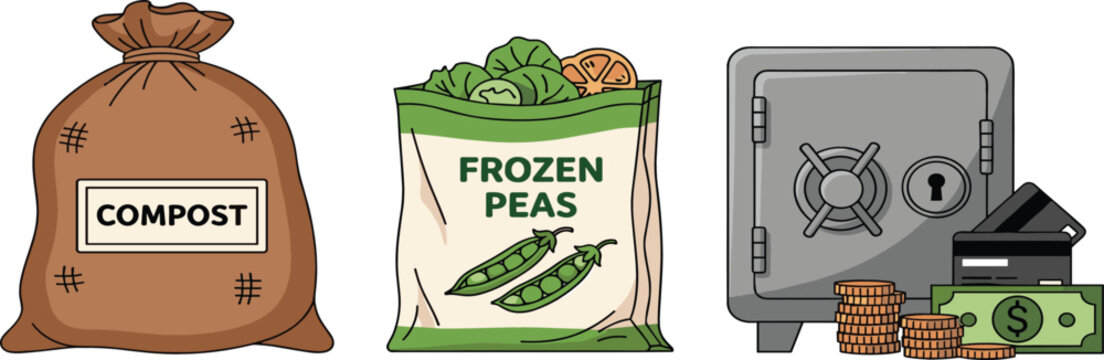 Compost Bag, Frozen Peas Package, and Money Safe Illustration Set Representing Sustainability, Food Storage, Savings, and Household Management Concepts