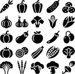 A collection of various vegetable icons in black and white