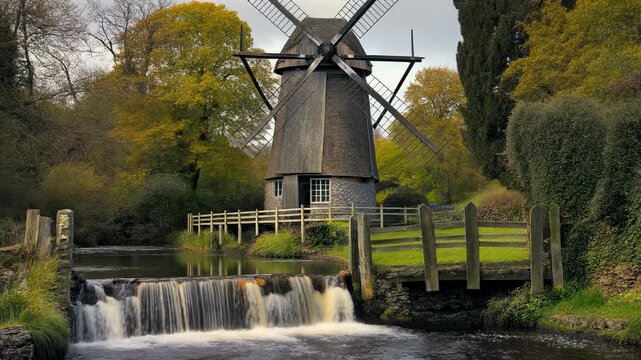 A scenic view of an old wooden windmill next to a cascading waterfall with surrounding greenery and fence. A rustic bridge is across water