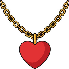 Golden chain necklace with a large red heart pendant on white background symbolizing love and romance