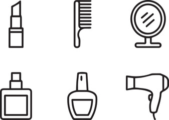 Obraz premium Vector set of line art beauty accessories isolated on white background, minimal makeup and cosmetic outline collection, thin line brushes, lipstick, and mirror icons, clean monochrome design