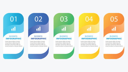 Modern 5 steps business infographic template with colorful rounded cards and chart icons vector © VYCstore