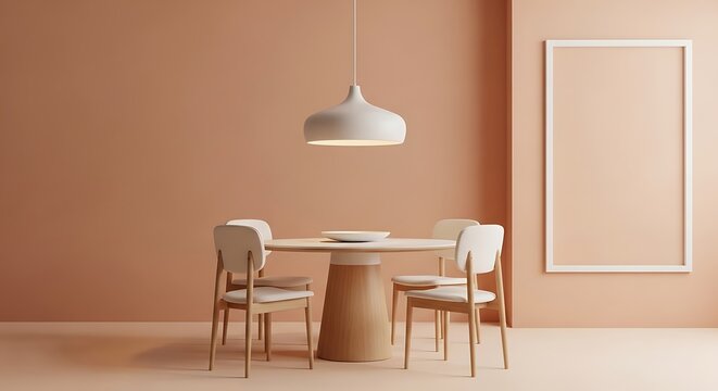 Minimalist dining room with white table and chairs white chairs peach walls