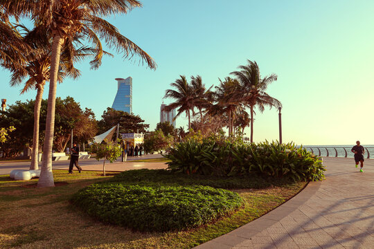 Modern skyscraper and luxury skyline on Jeddah waterfront corniche at sunset, Red Sea coast, Saudi Arabia