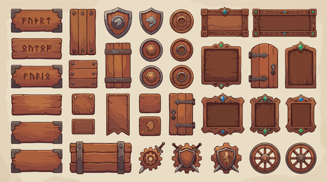 Mediaeval wooden game gui set. Cartoon frames, boards, buttons, panel, menu with wood, metal and stone texture. Vector user interface