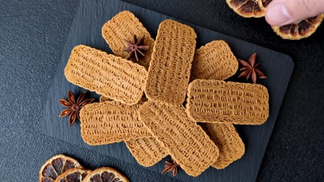 Caramel biscuit cookies, or shortbread, are a healthy breakfast staple. Biscuit cookies as a food background for your design