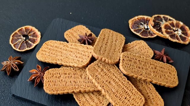Caramel biscuit cookies, or shortbread, are a healthy breakfast staple. Biscuit cookies as a food background for your design