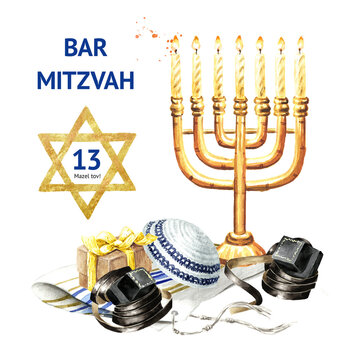 Bar Mitzvah concept. Greeting card. Jewish religious symbols tefilins, tephilin and traditional menorah Candelabra. Hand drawn watercolor illustration isolated on white background