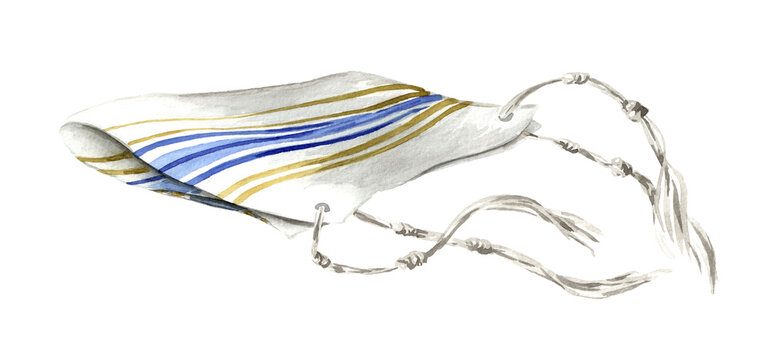 Jewish religious symbol, Prayer Shawl Tallit, male boy wear wool fabric with fringe. Hand painted watercolor illustration isolated on white background