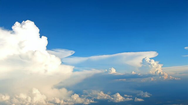 Serene aerial view of fluffy white clouds against clear blue sky, slow motion panning shot, symbolizing freedom and tranquility.