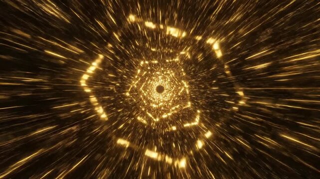 Rapid zoom through an infinite tunnel created by glowing interconnected golden geometric lines simulating a futuristic hyperdrive or wormhole effect connection, vfx, gold