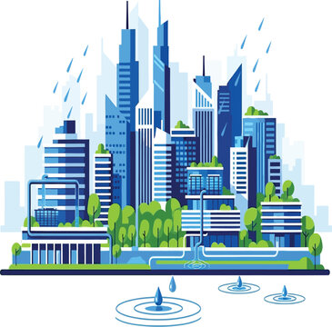 Sustainable Smart City Water Management System &ndash; Urban Rainwater Collection and Recycling Vector Illustration