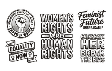 Obraz premium Black White Halftone International Women's Day Typography Set 5 Sketch Empowerment Lettering Feminist-Equality Slogan Vector Set