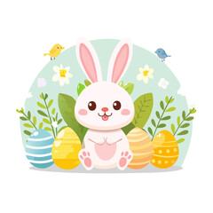 Fototapeta premium Easter bunny surrounded by decorated eggs and flowers in a festive spring setting viewed from the front