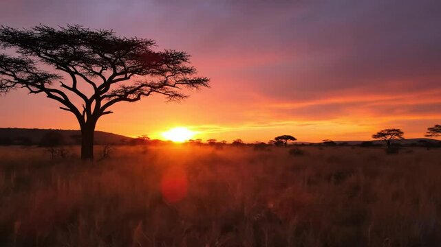 African savanna sunset with silhouetted trees against a vibrant orange and purple sky during golden hour