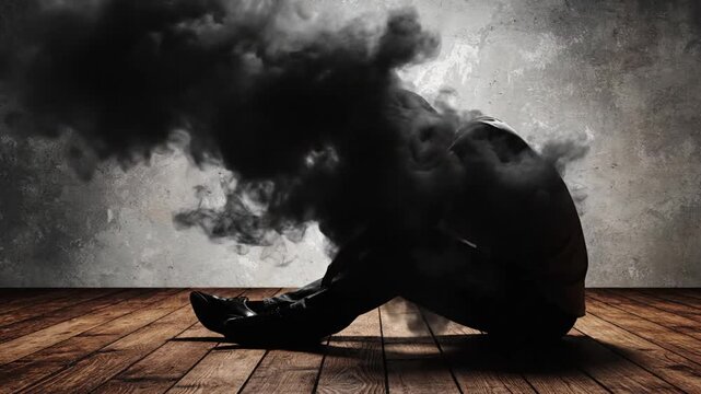 A person crouched on a wooden floor surrounded by dark smoke filling the room from an unknown source viewed from the side