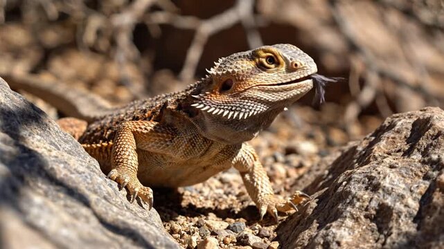 Close-up of a bearded dragon lizard resting on rocks in a natural outdoor habitat
