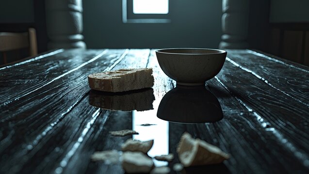 Sparse Good Friday Still Life with Broken Bread and Empty Clay Bowl on Dark Rustic Wooden Table
