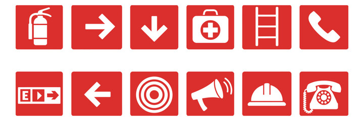 Emergency and Safety Icons, red square vector symbols including fire extinguisher, exit arrows, first aid, alarm, helmet, phone, and industrial warning signs © Ayat 03