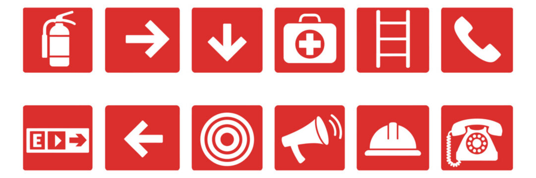 Emergency and Safety Icons, red square vector symbols including fire extinguisher, exit arrows, first aid, alarm, helmet, phone, and industrial warning signs
