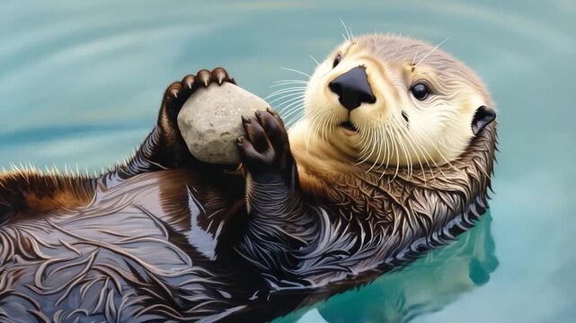 A cute otter floats on its back holding a stone, gazing upward with an inquisitive expression