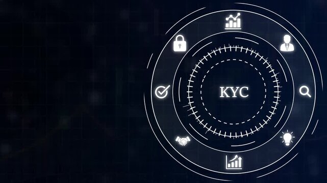 Digital interface for KYC Know Your Customer process with for security verification and data analysis on a dark grid background