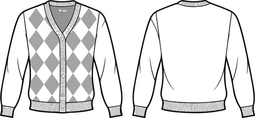 Front and back view of argyle pattern cardigan sweater, fashion flat sketch © Md